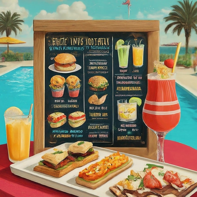 party menu in front of a pool